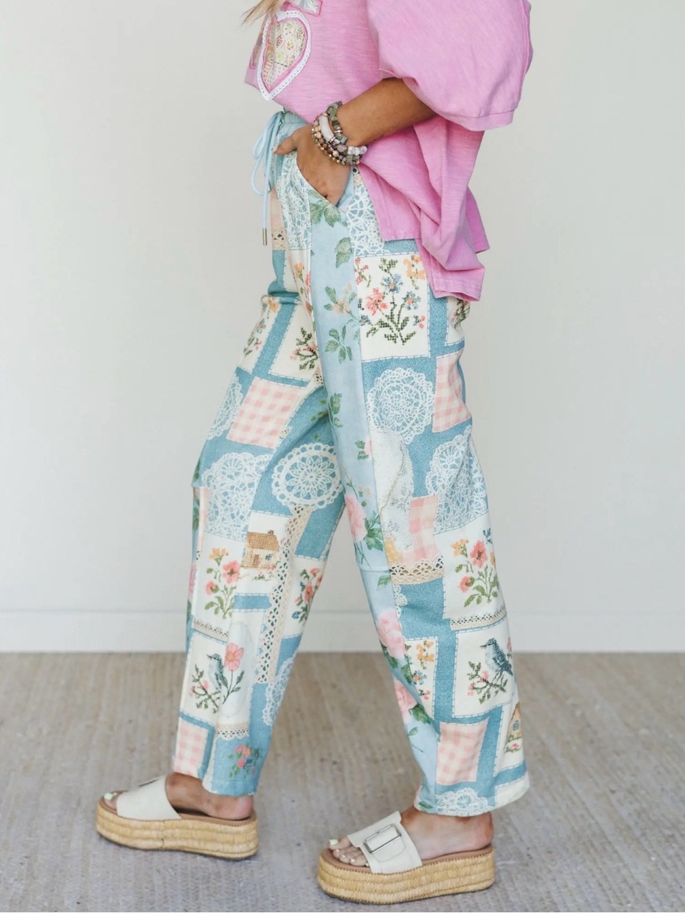Three Bird Nest Patchwork Floral Cropped Lounge Pants in Light Blue and Pink